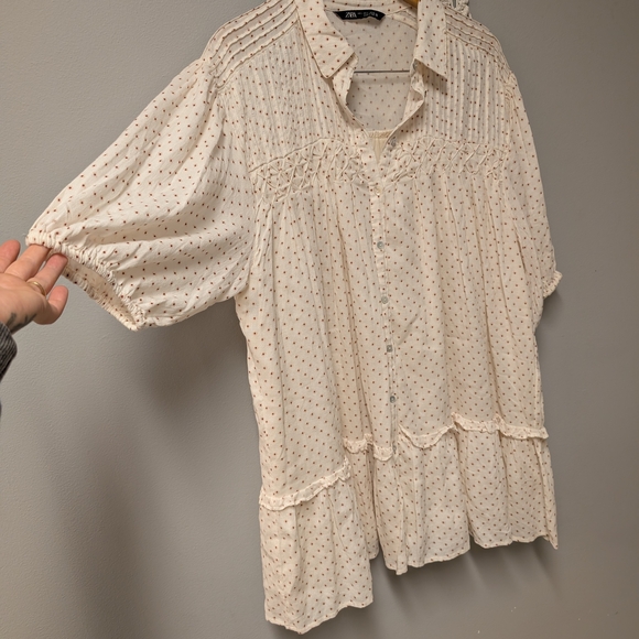 Zara Cream Mini Dress Tiered Ruffle Cottagecore Baby doll Polka Dot Cotton Large - Picture 2 of 7